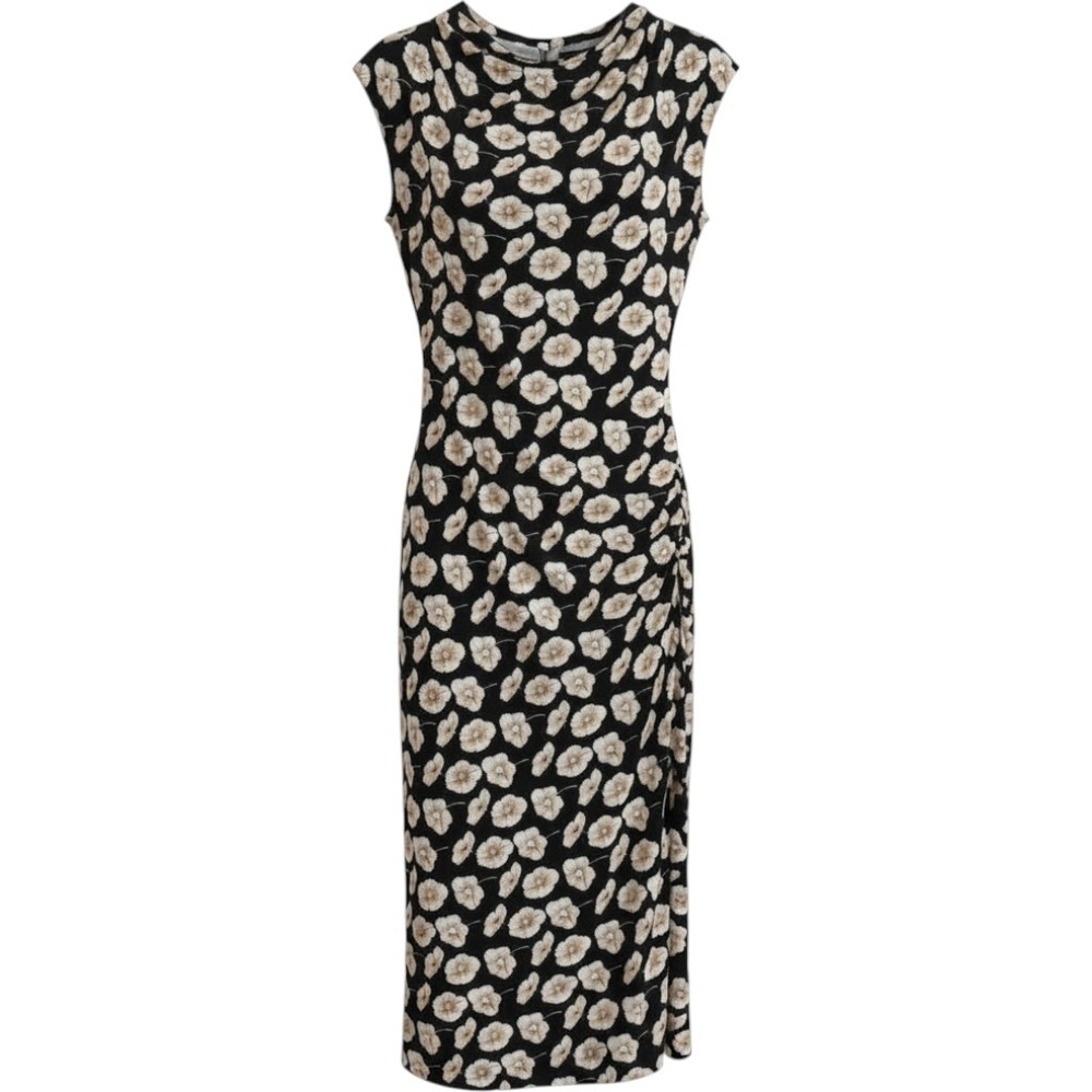 Talbots Plus Ruched Jersey Midi Dress Black Cream Floral 14W Stretch Slit